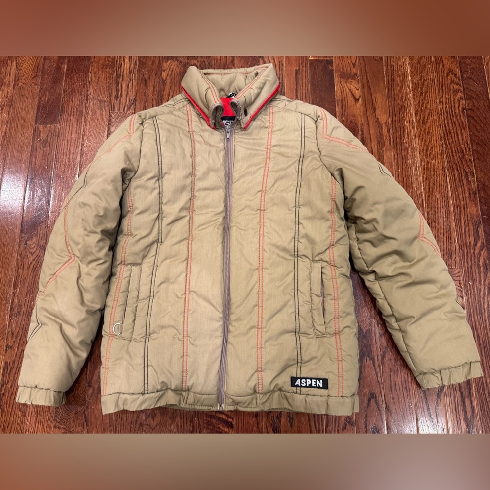 Aspen Vintage Winter Ski Jacket Puffy Coat Khaki Tan Orange Black Embroidery Med